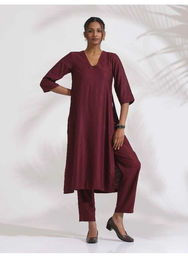 ترو برونز trueBrowns Maroon Dobby Kurta Set