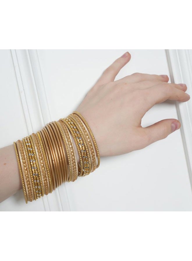 Touchstone NEW! Touchstone "Colorful 2 Dozen Bangle Collection" Indian Bollywood Alloy Metal Textured Golden Designer Jewelry Special Large Size Bangle Bracelets. Set Of 24. In Antique Gold Tone For Women - Image 3