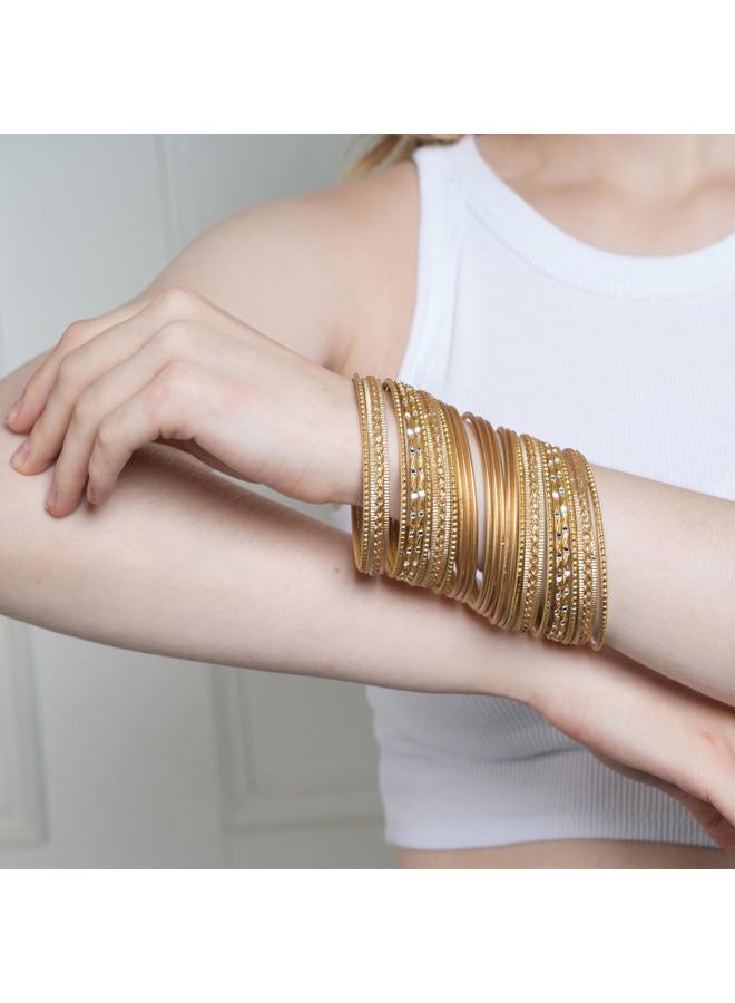 Touchstone NEW! Touchstone "Colorful 2 Dozen Bangle Collection" Indian Bollywood Alloy Metal Textured Golden Designer Jewelry Special Large Size Bangle Bracelets. Set Of 24. In Antique Gold Tone For Women - Image 2