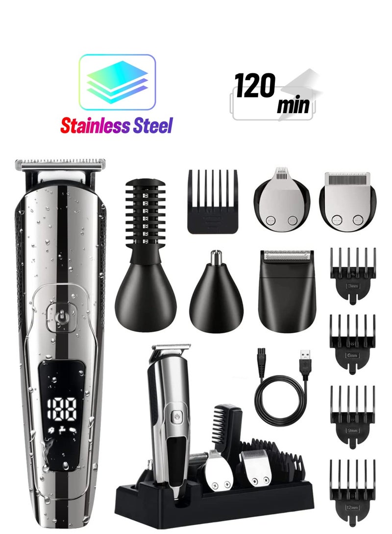 ماكينة حلاقة اللحية للرجال ماكينة حلاقة كهربائية للرجال 6 في 1 ، ماكينة تشذيب الشعر وتشذيب الشارب وتشذيب شعر الأنف ، ماكينة تشذيب الشعر مع شفرة USB مقاومة للماء وقابلة لإعادة الشحن وشاشة LED - Image 1