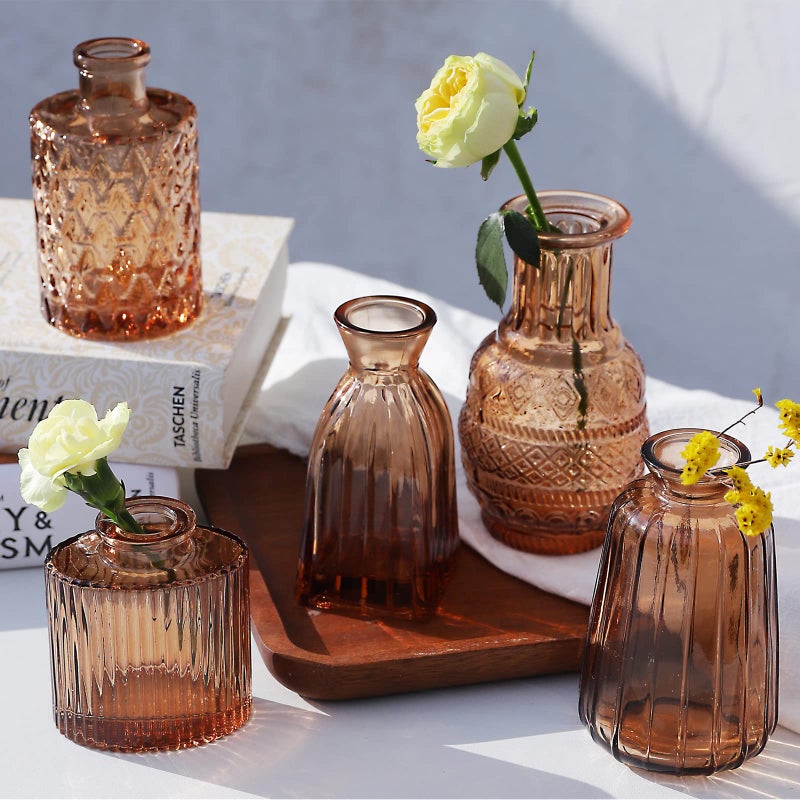 QLOFEI Amber Glass Bud Vases -Set of 20 for Flowers, Small Amber Bud Vases in Bulk for Centerpieces Decor, Mini Glass Set for Home Table Decorations - Image 4