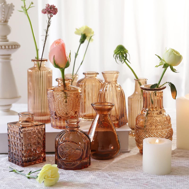 QLOFEI Amber Glass Bud Vases -Set of 20 for Flowers, Small Amber Bud Vases in Bulk for Centerpieces Decor, Mini Glass Set for Home Table Decorations - Image 3