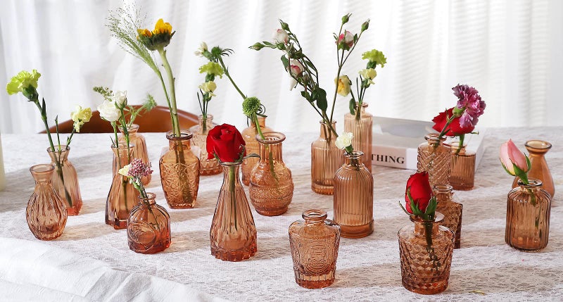 QLOFEI Amber Glass Bud Vases -Set of 20 for Flowers, Small Amber Bud Vases in Bulk for Centerpieces Decor, Mini Glass Set for Home Table Decorations - Image 2
