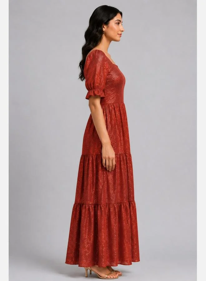 House Of Raeli Red Self-Design A-Line Maxi Dress with Short Sleeves