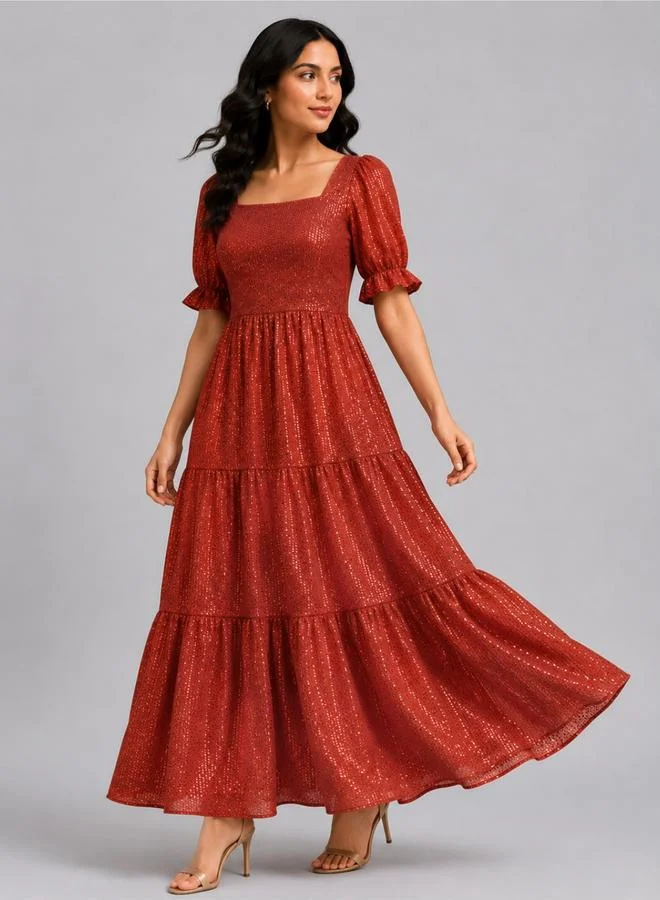 House Of Raeli Red Self-Design A-Line Maxi Dress with Short Sleeves