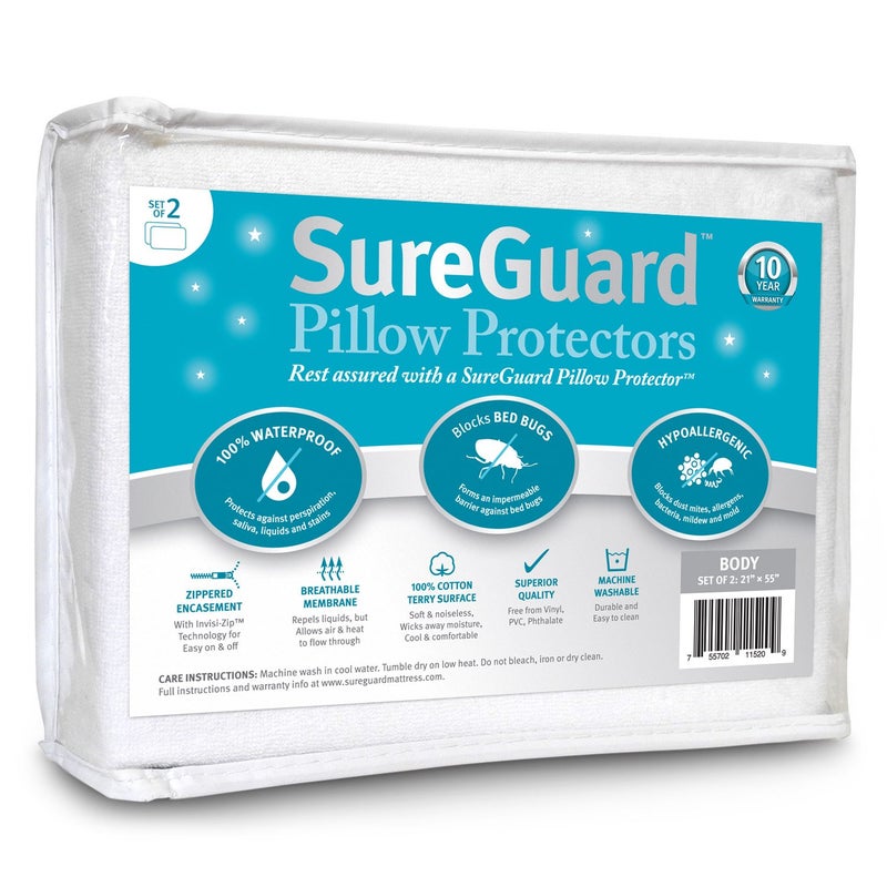 SureGuard Mattress P Set of 2 Body Size SureGuard Pillow Protectors - 100% Waterproof  Bed Bug Proof  Hypoallergenic - Premium Zippered Cotton Terry Covers 