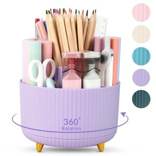 SKYDUE 360 Rotating Purple Pen & Art Supply Organizer - 5 Slot Desk Organizer for Office, School, Home - Image 1