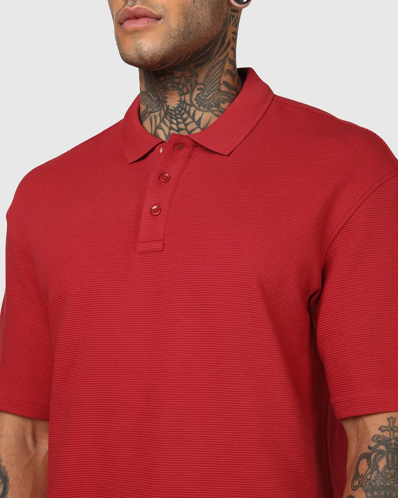 بيواكوف Men's Salsa Red Textured Oversized Polo T-shirt