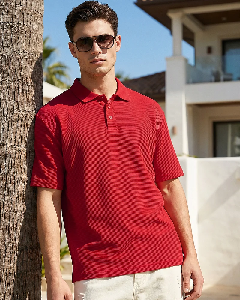 بيواكوف Men's Salsa Red Textured Oversized Polo T-shirt