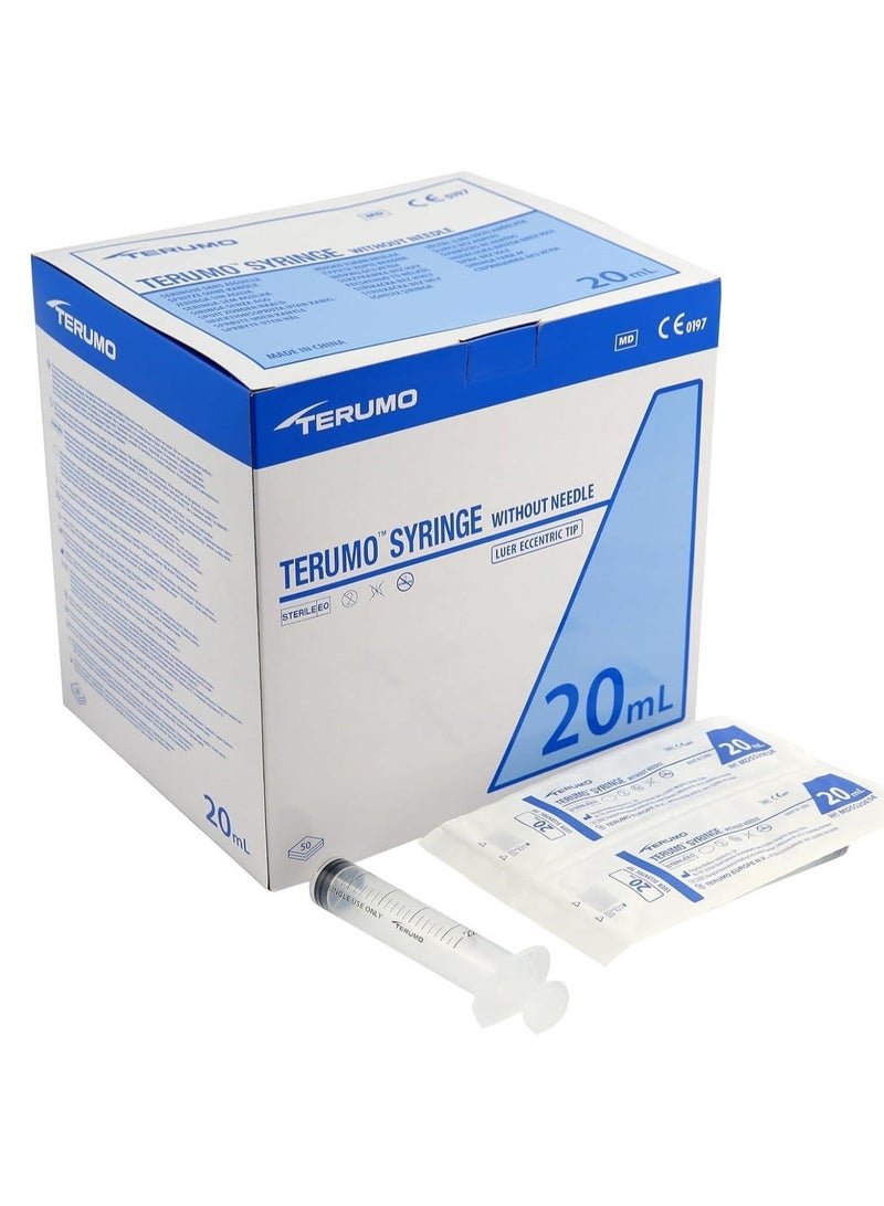 TERUMO 20 mL Plastic Syringe Pack | Individually Sealed Disposable Syringes with Measurement Graduations | Eccentric Tip for Liquid Measurement, Laboratory Use, Pet Feeding, Oil & Glue Application - Image 1
