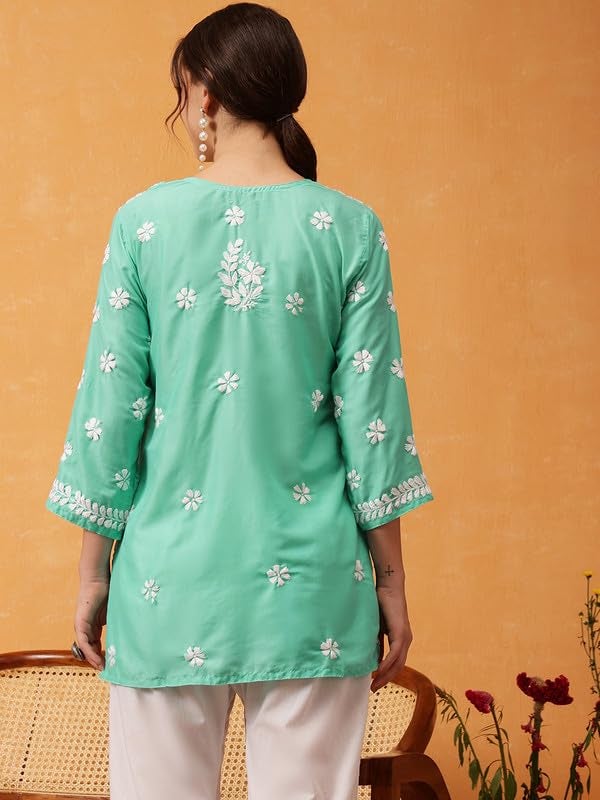 Ada Hand Embroidered Lucknowi Chikankari Muslin Straight Top Tunic Short Kurti for Women A911421 Sea Green (2XL) - Image 2