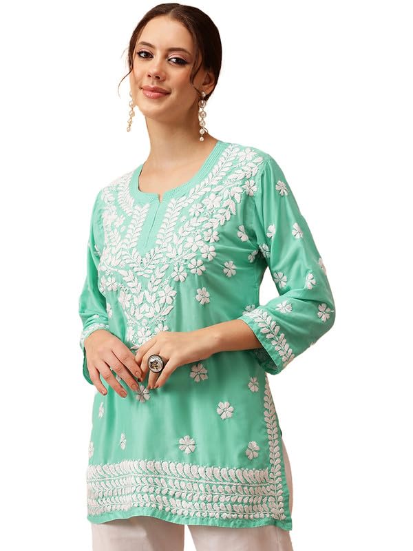 Ada Hand Embroidered Lucknowi Chikankari Muslin Straight Top Tunic Short Kurti for Women A911421 Sea Green (2XL) - Image 1