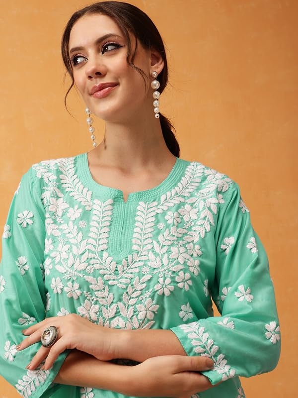Ada Hand Embroidered Lucknowi Chikankari Muslin Straight Top Tunic Short Kurti for Women A911421 Sea Green (2XL) - Image 5