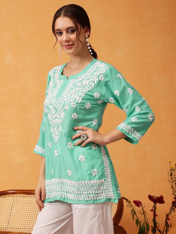 Ada Hand Embroidered Lucknowi Chikankari Muslin Straight Top Tunic Short Kurti for Women A911421 Sea Green (2XL) - Image 4