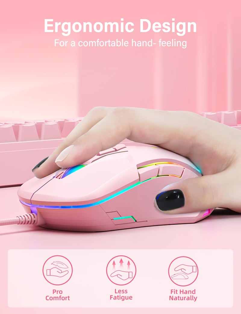 ONITOON Wired USB Mouse, Computer Mouse with RGB Lighting, 4 Adjustable DPI, Ergonomic Optical Office Mouse, 7 Buttons Corded Mice for Window/PC/Laptop/Desktop/Mac/Chromebook, Pink - Image 5