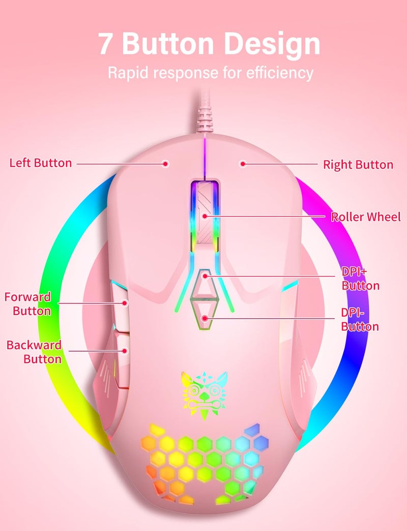 ONITOON Wired USB Mouse, Computer Mouse with RGB Lighting, 4 Adjustable DPI, Ergonomic Optical Office Mouse, 7 Buttons Corded Mice for Window/PC/Laptop/Desktop/Mac/Chromebook, Pink - Image 3