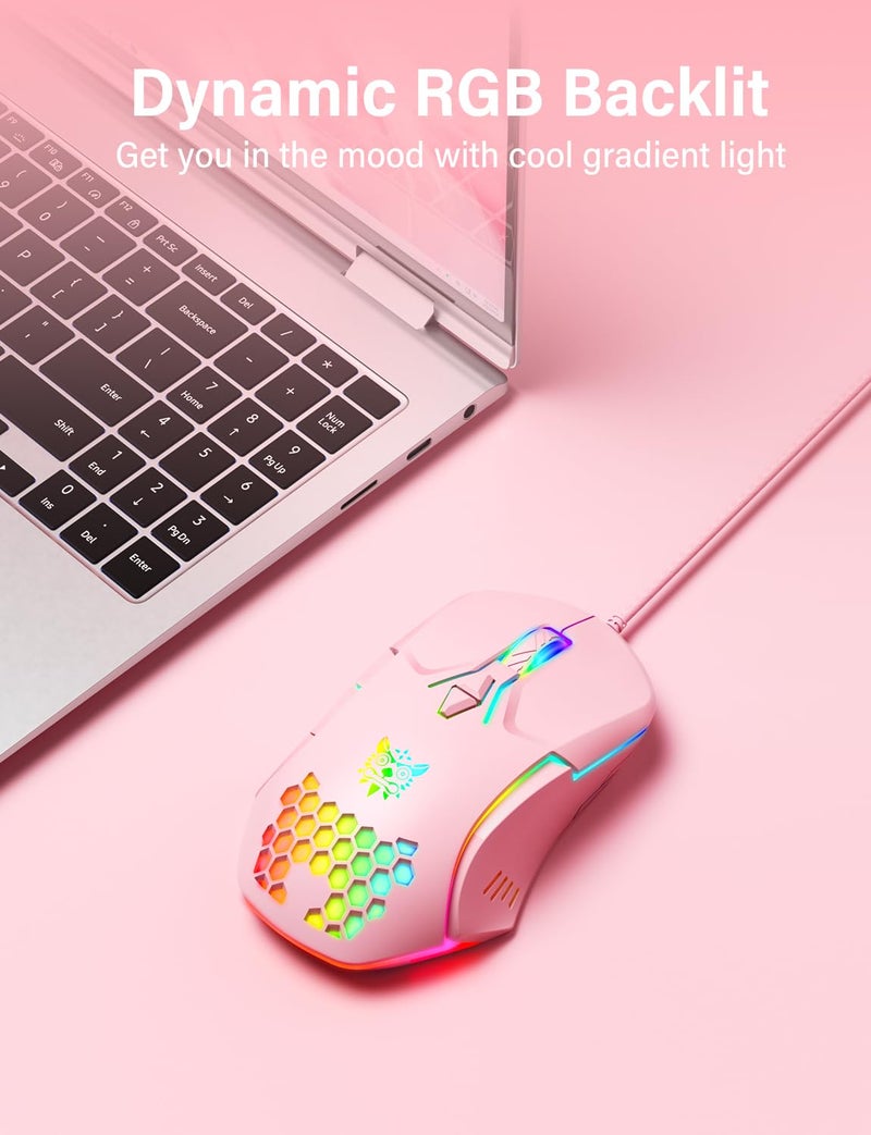 ONITOON Wired USB Mouse, Computer Mouse with RGB Lighting, 4 Adjustable DPI, Ergonomic Optical Office Mouse, 7 Buttons Corded Mice for Window/PC/Laptop/Desktop/Mac/Chromebook, Pink - Image 2