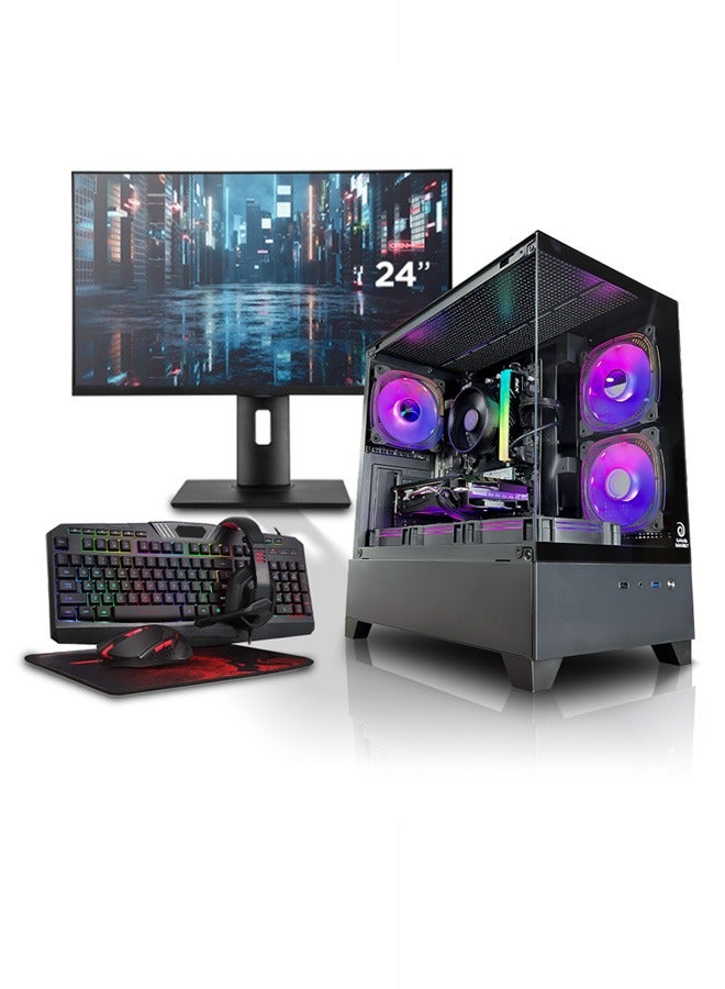 Game Sekret حاسوب الألعاب Dark Nova Gaming PC Bundle من Game Sekret – بمعالج Intel Core i5-12400F، مع خيار بطاقة رسوميات AMD Radeon RX 580 أو GeForce RTX 3050 أو RTX 3060 أو RTX 5050 أو RTX 5060، وذاكرة DDR4 بسعة 16 جيجابايت، وتخزين SSD من نوع M.2 NVMe بسعة 1 تيرابايت، ومبرّد هوائي، ولوحة أم H610، ومزوّد طاقة من 500 واط إلى 650 واط بمعيار 80+، مع شاشة 24 بوصة بدقة FHD، ولوحة مفاتيح، وفأرة، ولوحة فأرة، وسماعة رأس، واتصال WiFi وBluetooth، ونظام تشغيل Windows 11 Pro، مع ضمان لمدة سنة واحدة. black - Image 1