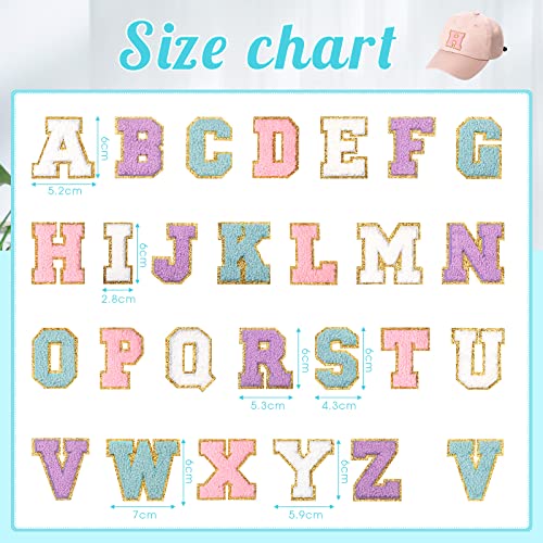 Geosar 104 Pcs Letter Patch Iron on Chenille A-Z Repair Alphabet Applique Patches Embroidered Letter Sew on with Gold Border for Bags Shirts(2.36'',Purple White Pink Blue) - Image 3