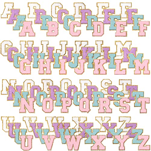Geosar 104 Pcs Letter Patch Iron on Chenille A-Z Repair Alphabet Applique Patches Embroidered Letter Sew on with Gold Border for Bags Shirts(2.36'',Purple White Pink Blue) - Image 1