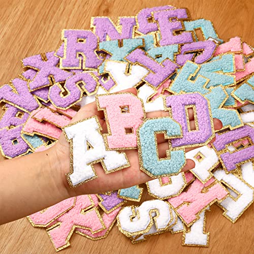 Geosar 104 Pcs Letter Patch Iron on Chenille A-Z Repair Alphabet Applique Patches Embroidered Letter Sew on with Gold Border for Bags Shirts(2.36'',Purple White Pink Blue) - Image 2