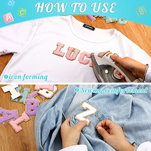 Geosar 104 Pcs Letter Patch Iron on Chenille A-Z Repair Alphabet Applique Patches Embroidered Letter Sew on with Gold Border for Bags Shirts(2.36'',Purple White Pink Blue) - Image 4