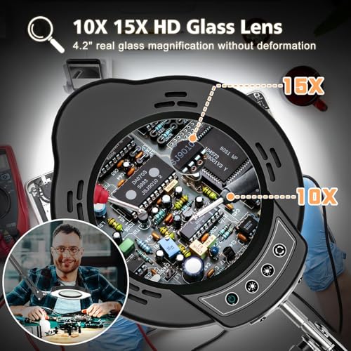 Baishun Magnifying Glass with Light and Clamp 15X 10X Desk Magnifying Lamp 84 LED Real Glass Lens Magnifier 5 Color Modes Stepless Dimmable Adjustable Hands Free Table Lamp for Repair Crafts Hobby Sewing - Image 3