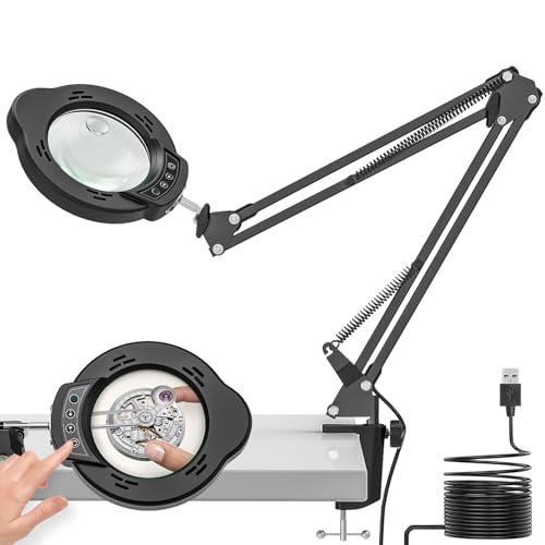 Baishun Magnifying Glass with Light and Clamp 15X 10X Desk Magnifying Lamp 84 LED Real Glass Lens Magnifier 5 Color Modes Stepless Dimmable Adjustable Hands Free Table Lamp for Repair Crafts Hobby Sewing - Image 1