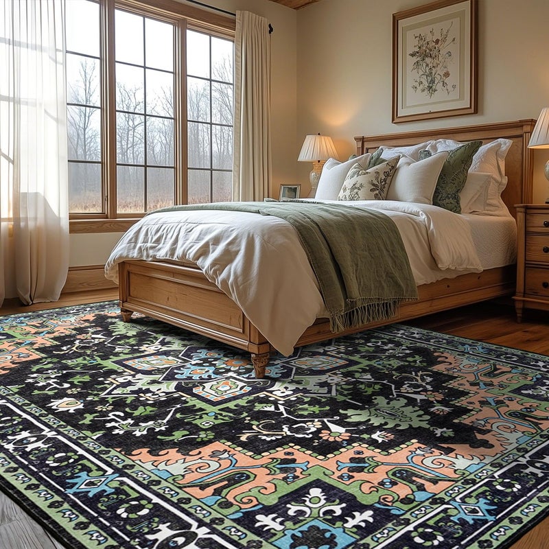 Lofus 8x10 Area Rugs, Large Area Rug for Living Room, Floral Washable Area Rug for Bedroom, Office, Dining Room, Non-Slip Vintage Boho Rug, Low-Pile Soft Carpet, Traditional Oriental Style, Dark Green - Image 2