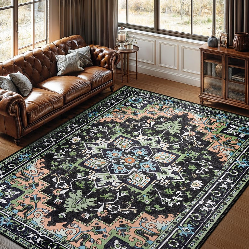 Lofus 8x10 Area Rugs, Large Area Rug for Living Room, Floral Washable Area Rug for Bedroom, Office, Dining Room, Non-Slip Vintage Boho Rug, Low-Pile Soft Carpet, Traditional Oriental Style, Dark Green - Image 1