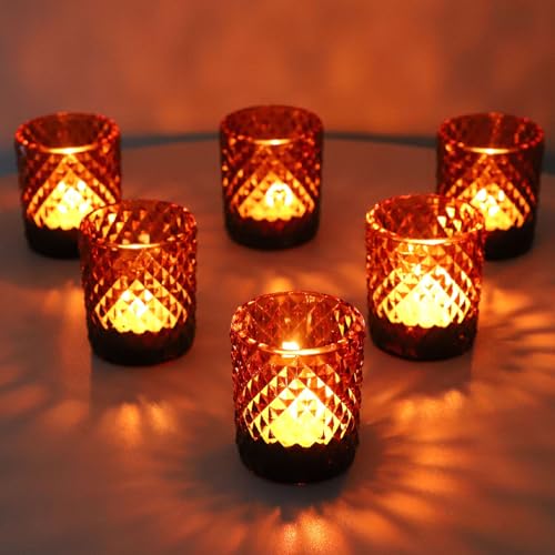 Woho 12pcs Amber Votive Candle Holders Vintage Glass Tealight Candle Holder for Boho Wedding Table Centerpiece Brown Tea Lights Candle Holder for Halloween Thanksgiving Decor