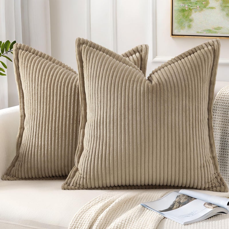 Mecatny Corduroy Throw Pillow Covers 22x22 Set of 2, Neutral Decorative Soft Boho Couch Pillow Covers with Broadside for Sofa Living Room, Khaki - Image 1