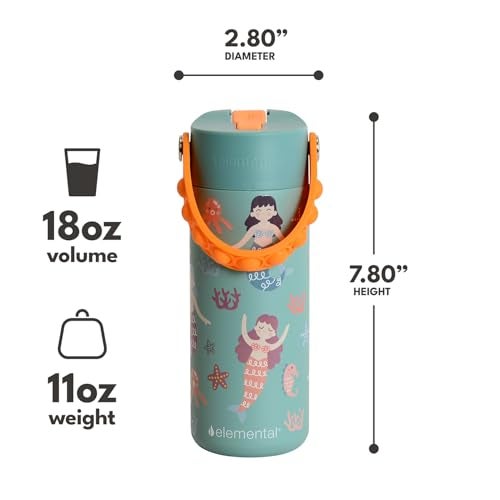 Elemental Insulated Kids Water Bottle Stainless Steel Water Bottle with Straw Lid PopIt Handle LeakProof Water Bottles for School Boys or Girls Travelling and Sports 18oz Mermaid Sisters - Image 3