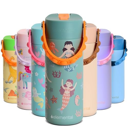 Elemental Insulated Kids Water Bottle Stainless Steel Water Bottle with Straw Lid PopIt Handle LeakProof Water Bottles for School Boys or Girls Travelling and Sports 18oz Mermaid Sisters - Image 1