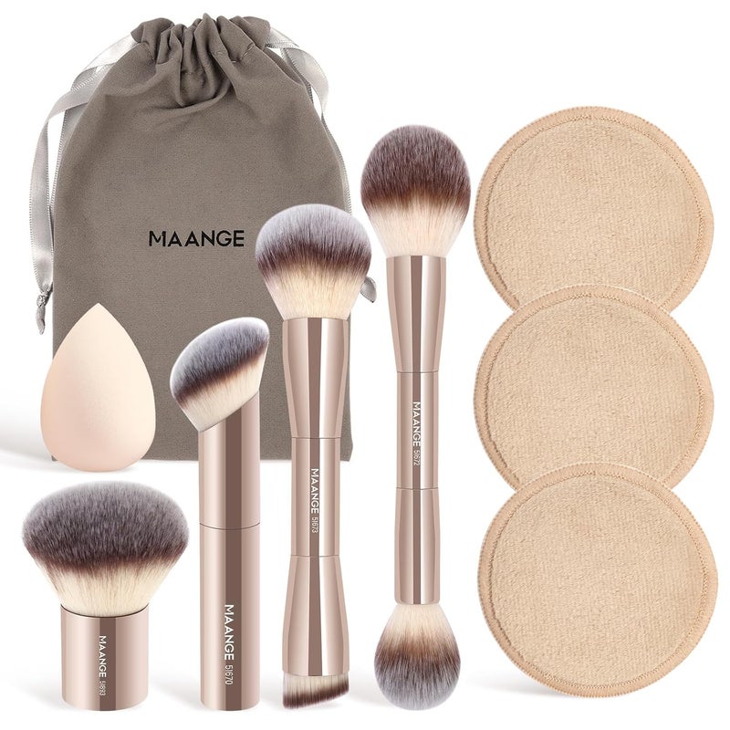 MAANGE MAANGE 9 PCS Makeup Brush Set Foundation Brush Double Makeup Brushes for Blending Liquid Powder Concealer Cream Blush Buffe Contour Make up Brush Kit (Gold) 