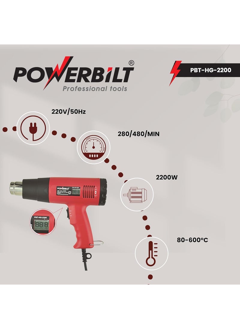 PowerBilt Powerbilt PBTHG2200 220V50Hz Corded Electric 280480MIN 80600C Heatgun With Double Airflow And Temperature Settings LED Display Screen 2200W BLACK RED  - Image 2
