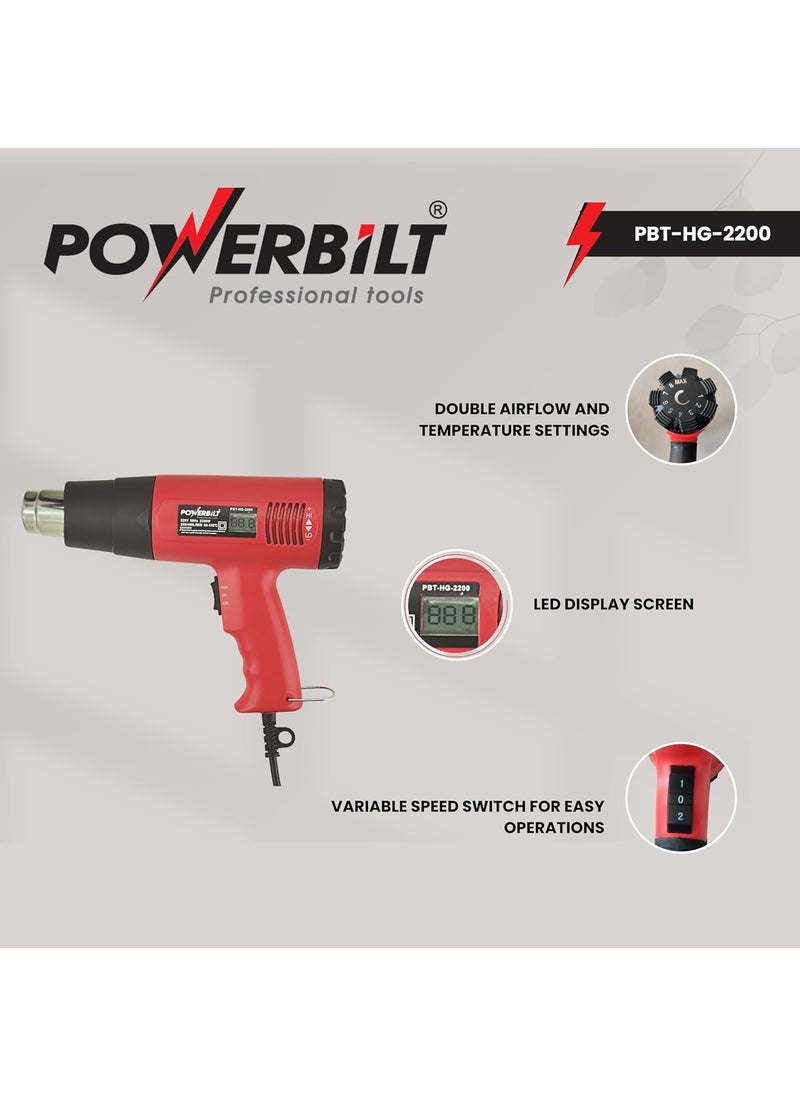 PowerBilt Powerbilt PBTHG2200 220V50Hz Corded Electric 280480MIN 80600C Heatgun With Double Airflow And Temperature Settings LED Display Screen 2200W BLACK RED  - Image 3