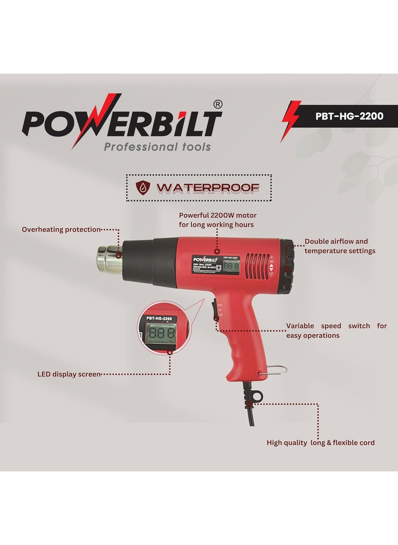 PowerBilt Powerbilt PBTHG2200 220V50Hz Corded Electric 280480MIN 80600C Heatgun With Double Airflow And Temperature Settings LED Display Screen 2200W BLACK RED  - Image 4