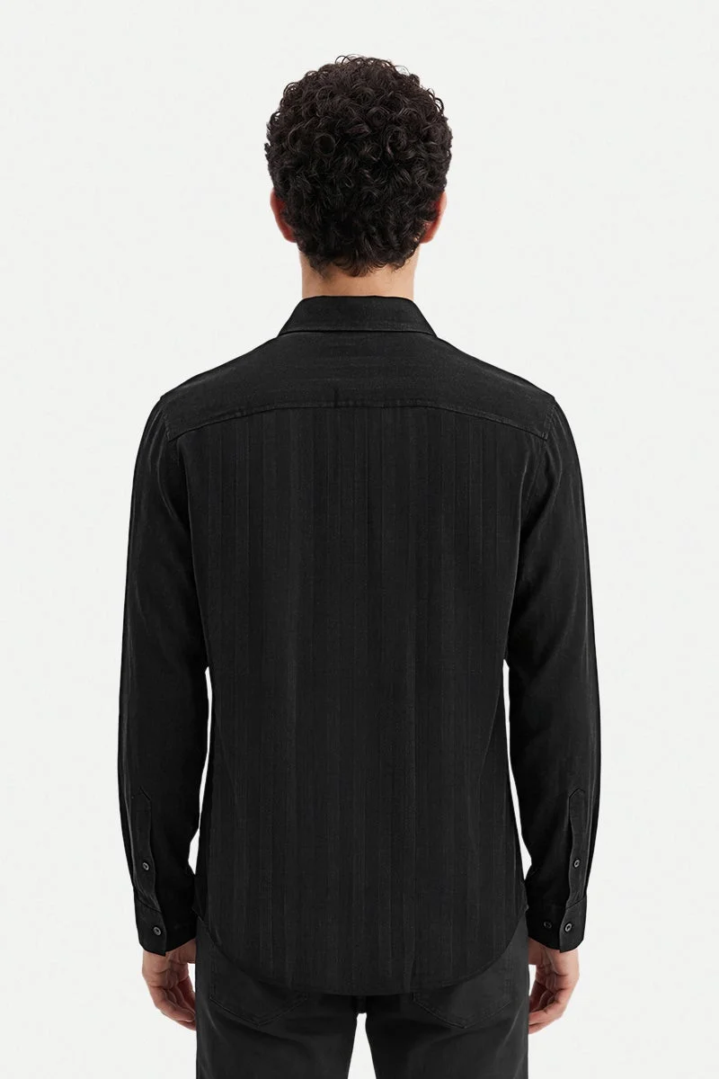 SNITCH Black Textured Long Sleeve Slim Fit Casual Shirt