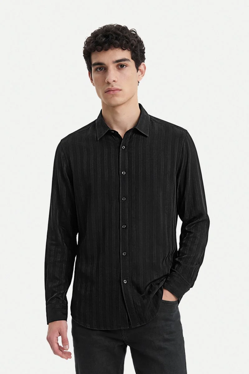 SNITCH Black Textured Long Sleeve Slim Fit Casual Shirt