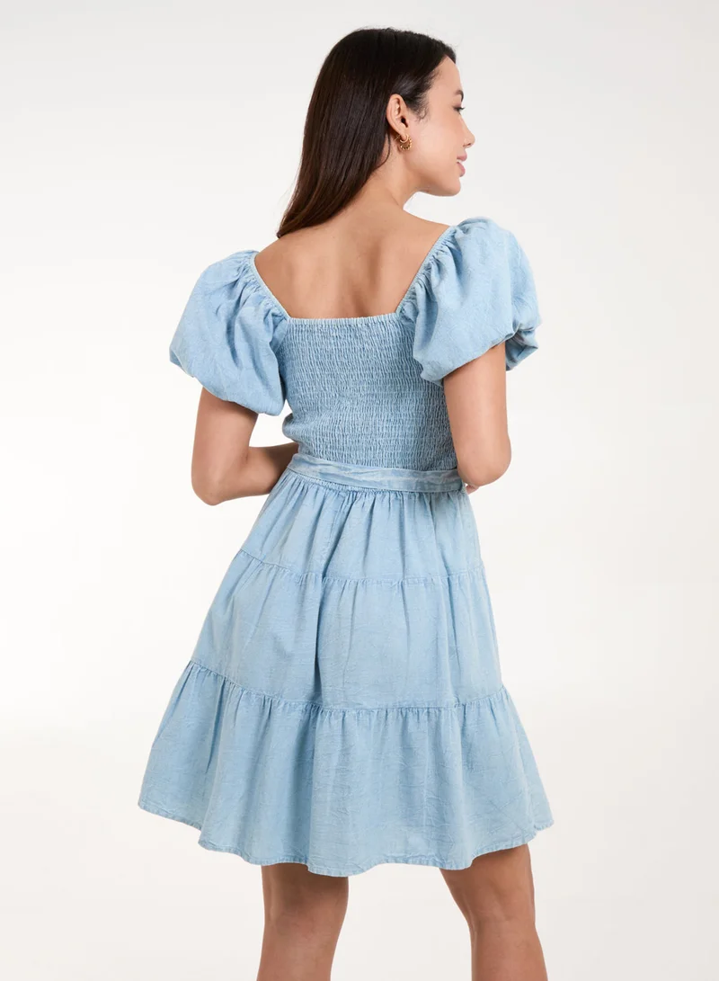 Blue Vanilla Milkmaid Puff Sleeve Mini Dress