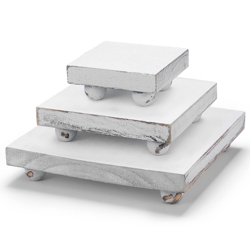 Chunful Chunful Set of 3 Square Wood Risers  White Rustic Pedestal Stand for Decor  Tiered Tray IndoorOutdoor Home Patio Decor 