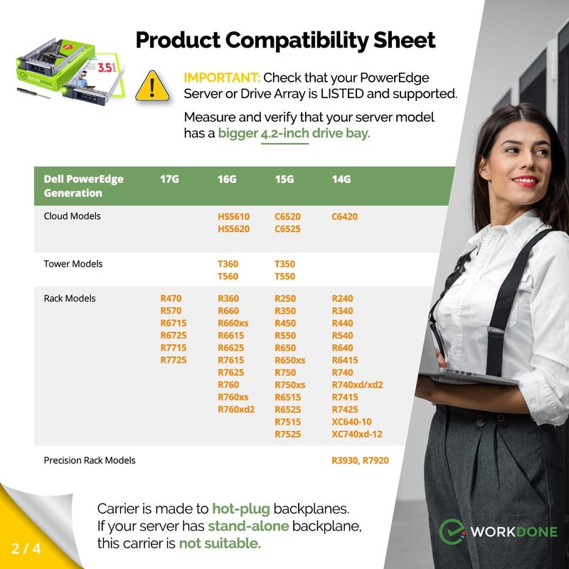 WORKDONE 2-Pack 3.5 inch Drive Caddy - Compatible for PowerEdge - 14th Gen R340 R440 R540 R640 R740 R740xd2 R6415 R7415 R7425 XC640-10 XC740xd-12 R650xs R750xs - Hot Swap Tray - with Setup Manual - Image 3