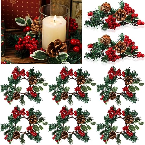 Yilloog 8 Sets Christmas Candle Rings Wreaths Berry Pinecone Red Poinsettia Candle Wreaths Rings Mini Candleholders Xmas Wreath Holder for Christmas Centerpiece(Cute) - Image 1