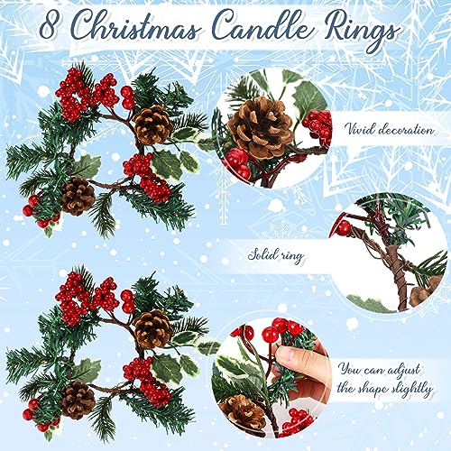 Yilloog 8 Sets Christmas Candle Rings Wreaths Berry Pinecone Red Poinsettia Candle Wreaths Rings Mini Candleholders Xmas Wreath Holder for Christmas Centerpiece(Cute) - Image 3