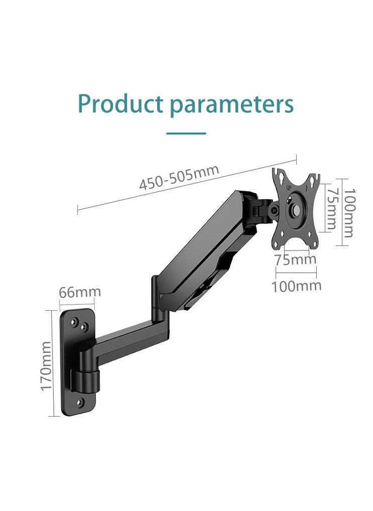 KLC-M520 WALL MOUNT ADJUSTABLE SINGLE MONITOR ARM WITH INTERNAL GAS SPRING TECHNOLOGY, FOR SCREENS 17 TO 35 INCHES
