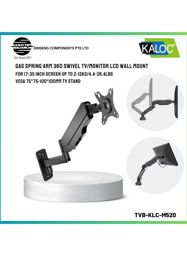KLC-M520 WALL MOUNT ADJUSTABLE SINGLE MONITOR ARM WITH INTERNAL GAS SPRING TECHNOLOGY, FOR SCREENS 17 TO 35 INCHES