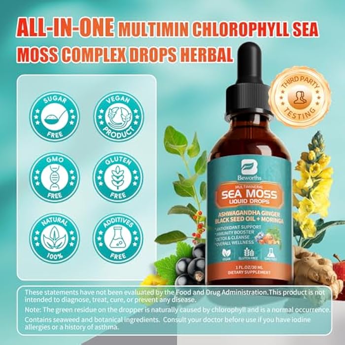 B BEWORTHS Sea Moss Drops - Irish Sea Moss Chlorophyll Liquid with Black Seed Oil, Ashwagandha, Moringa, Turmeric, Elderberry, Mullein, Seamoss Gel Supplement for Gut & Liver Cleanse, Immune Support - Vegan 2 Oz - Image 5