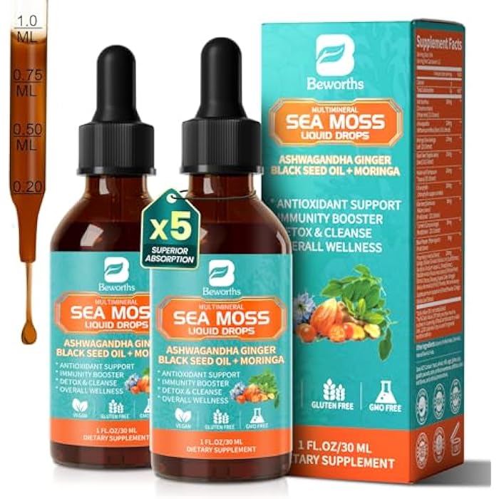 B BEWORTHS Sea Moss Drops - Irish Sea Moss Chlorophyll Liquid with Black Seed Oil, Ashwagandha, Moringa, Turmeric, Elderberry, Mullein, Seamoss Gel Supplement for Gut & Liver Cleanse, Immune Support - Vegan 2 Oz - Image 1