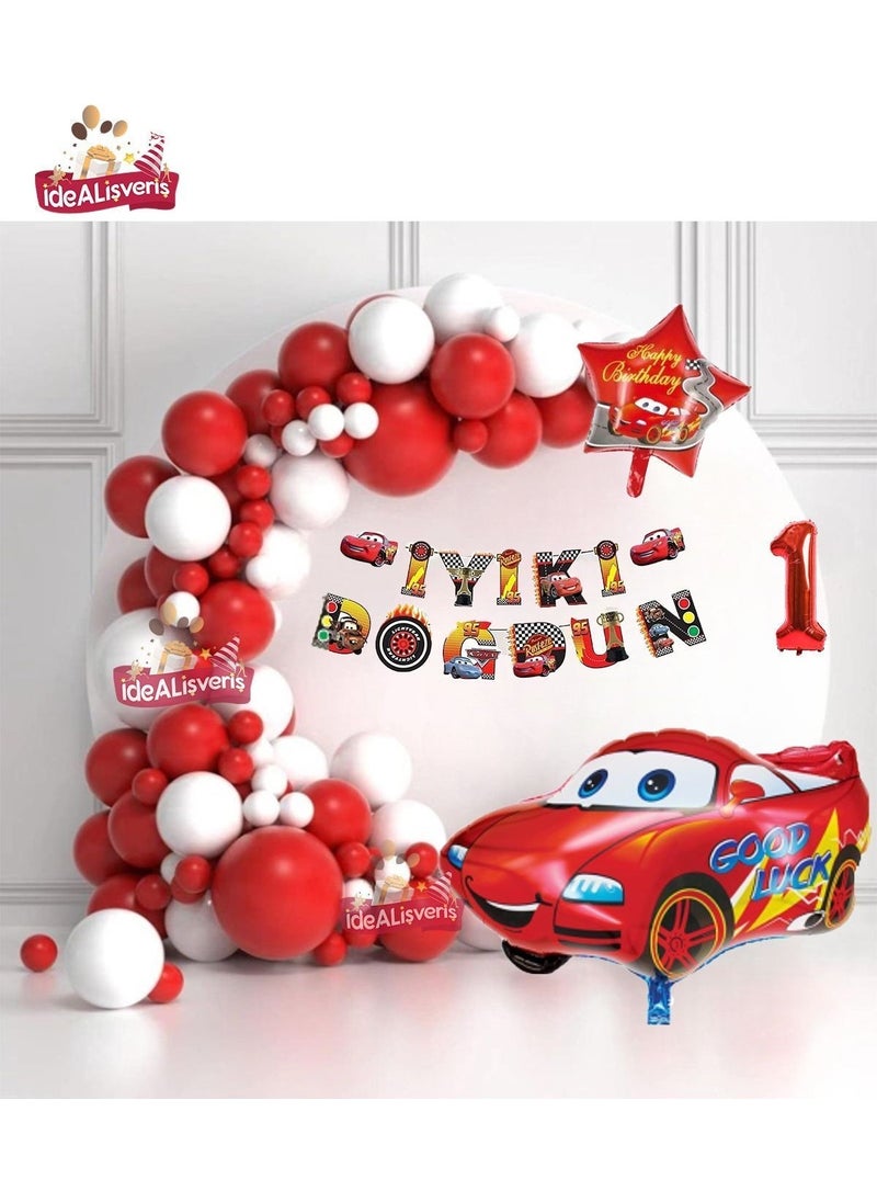 Store Banner 1 Year Old Red Car Star Foil Balloon White Red Concept Birthday Party Set 